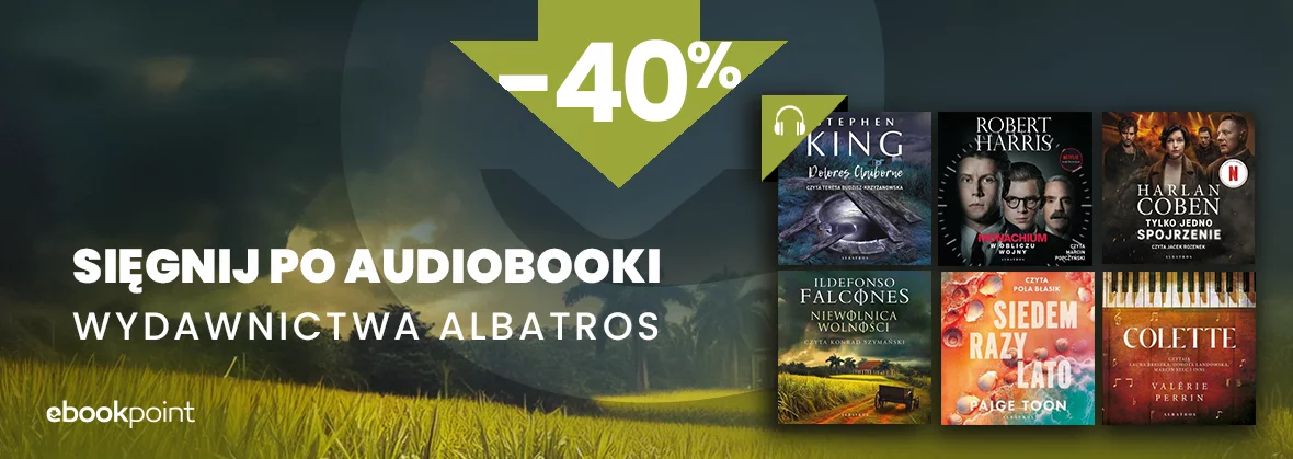 Grafika promocyjna - Sięgnij po audiobooki Wydawnictwa Albatros -40%