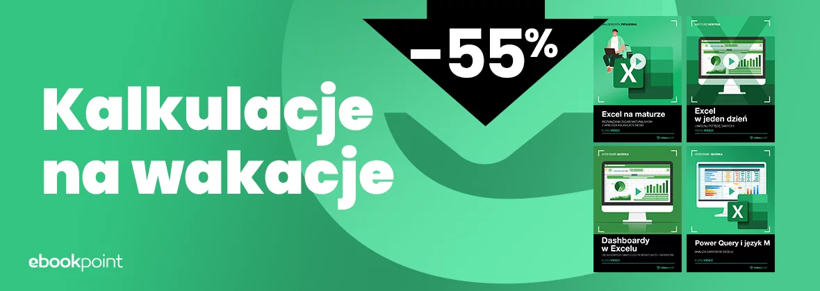 Grafika promocyjna - Kalkulacje na wakacje. Kursy od...  [-55% na Excela]