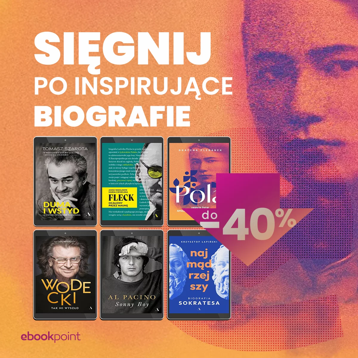Grafika promocji - Sięgnij po inspirujące BIOGRAFIE do -40%