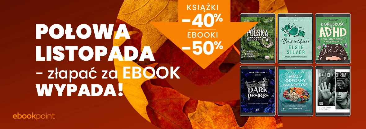 Grafika promocji -  Połowa listopada - złapać za ebook wypada! / Ebooki do -50%, Książki do -40%