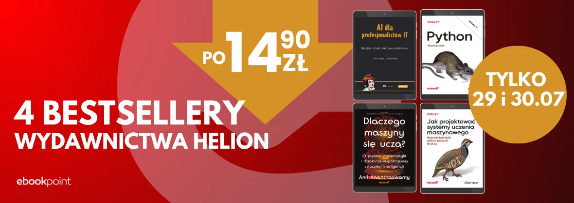 Grafika promocji - 4 BESTSELLERY Wydawnictwa Helion po 14,90zł / TYLKO 29 I 30 LIPCA!