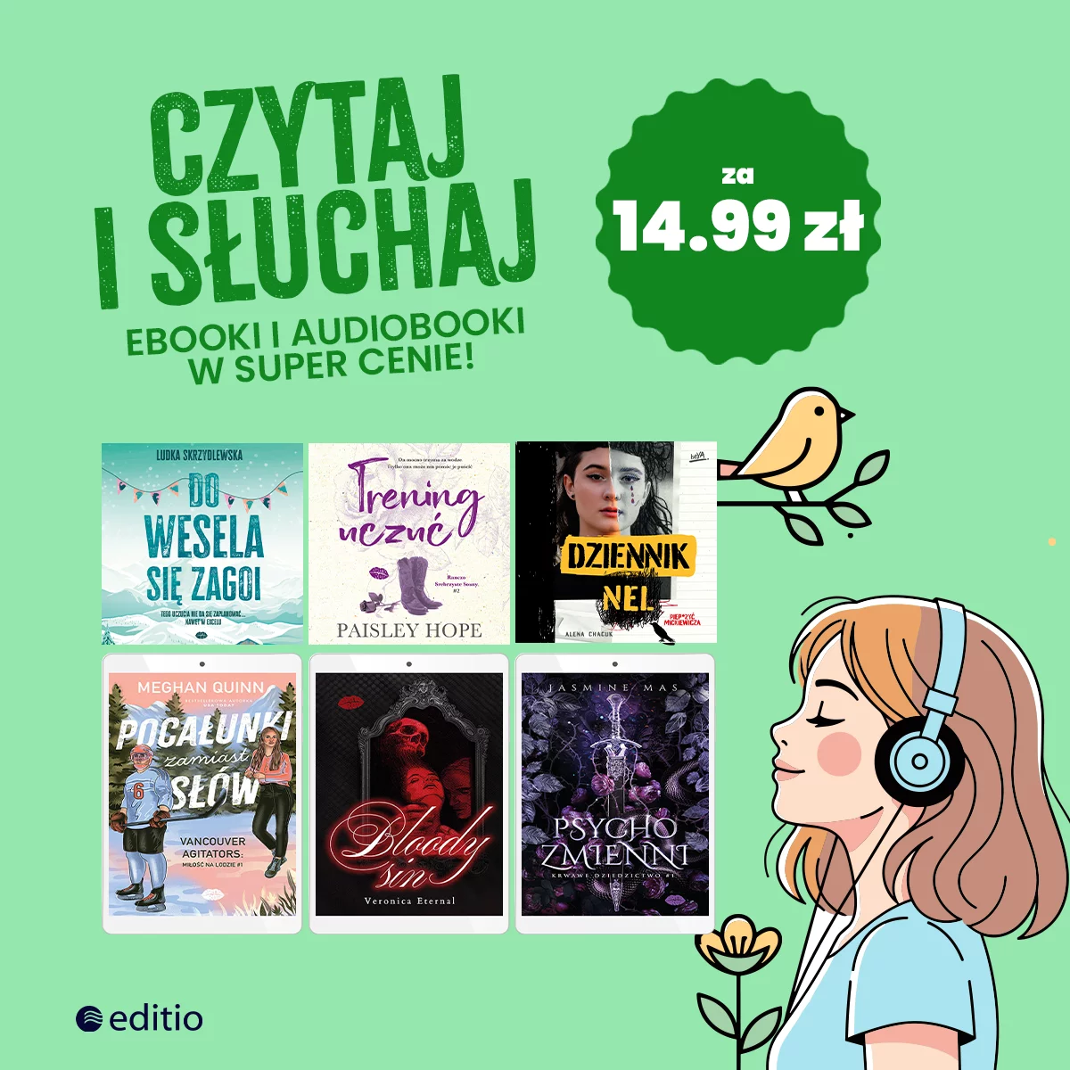 Grafika promocji - Czytaj i słuchaj za 14,99 zł 📱🎧