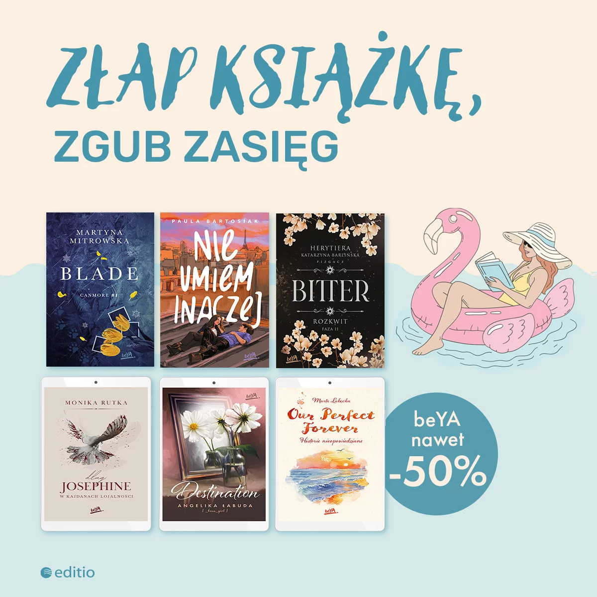 Grafika promocji - Złap książkę, zgub zasięg 📗