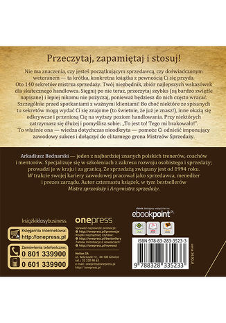 140 sekretów Mistrza Sprzedaży Arkadiusz Bednarski - tył okładki książki