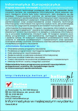 Tylna okładka: Informatyka Europejczyka. Informatyka. Program nauczania dla szkół ponadgimnazjalnych