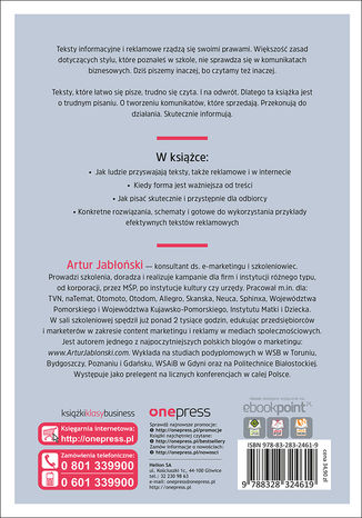 Tył okładki książki/ebooka Jak pisać, żeby chcieli czytać (i kupować). Copywriting & Webwriting