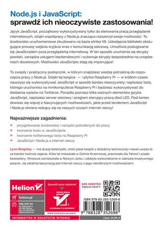 Tylna okładka: JavaScript w praktyce. Stwórz twitterowego bota, system sygnalizacyjny LED i inne projekty z użyciem Node.js i Raspberry Pi