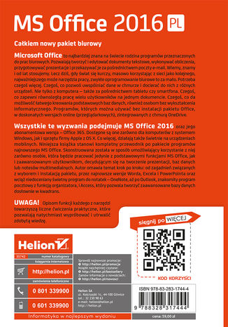 MS Office 2016 PL w biurze i nie tylko Piotr Wróblewski - tył okładki ebooka