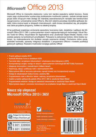 Tył okładki książki Microsoft Office 2013. Praktyczne programowanie makr i dodatków