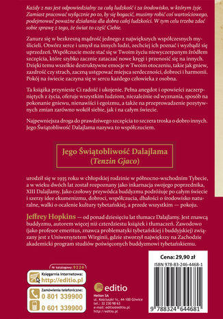 O współczuciu. Jak osiągnąć spokój wewnętrzny i zbudować lepszy świat His Holiness the Dalai Lama, tłumaczenie: Jeffrey Ph.D. Hopkins - tył okładki książki