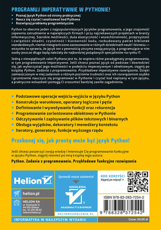 Tylna okładka: Python. Zadania z programowania. Przykładowe imperatywne rozwiązania