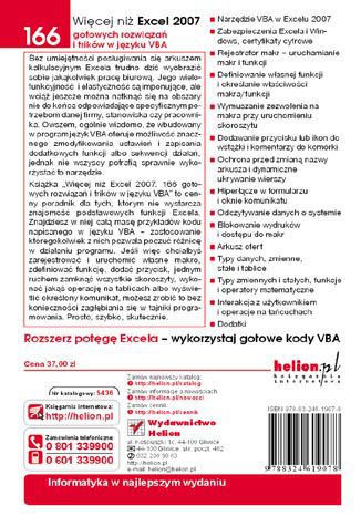 Tylna okładka: Więcej niż Excel 2007. 166 gotowych rozwiązań i trików w języku VBA