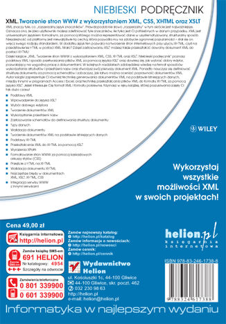 Tylna okładka: XML. Tworzenie stron WWW z wykorzystaniem XML, CSS, XHTML oraz XSLT. Niebieski podręcznik
