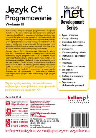 Język C#. Programowanie. Wydanie III. Microsoft .NET Development Series Anders Hejlsberg, Mads Torgersen, Scott Wiltamuth, Peter Golde - tył okładki książki
