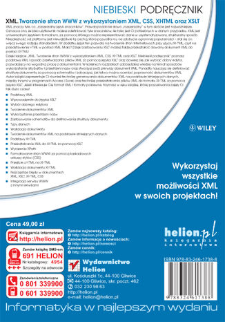 XML. Tworzenie stron WWW z wykorzystaniem XML, CSS, XHTML oraz XSLT. Niebieski podręcznik Rob Huddleston - tył okładki książki