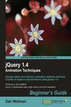 Okadka ksiki jQuery 1.4 Animation Techniques: Beginners Guide. This book and eBook will enable you to quickly master all of jQuery’s animation methods and build a toolkit of ready-to-use animations using jQuery 1.4