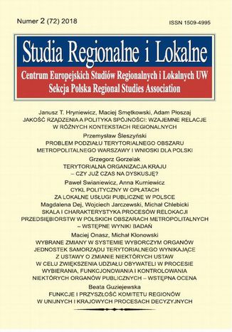 Okładka książki/ebooka Studia Regionalne i Lokalne nr 2(72)/2018