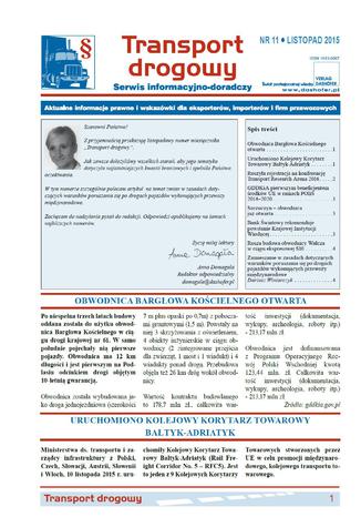 Okładka książki/ebooka Transport drogowy. Aktualne informacje prawne i wskazówki dla eksporterów, importerów i firm przewozowych. Nr 11/2015