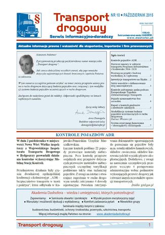 Okładka książki/ebooka Transport drogowy. Aktualne informacje prawne i wskazówki dla eksporterów, importerów i firm przewozowych. Nr 10/2015