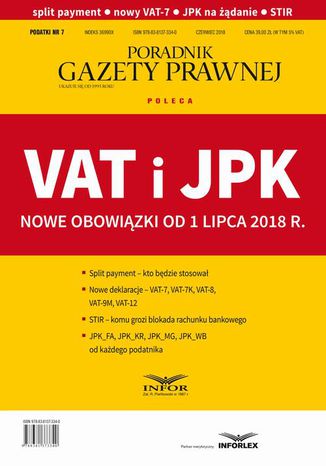 Okładka:VAT i JPK Nowe obowiązki od 1 lipca 2018 r. Podatki 7/2018 