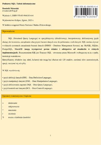 Okładka: Podstawy SQL: Tabele informatyczne
