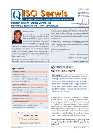 ISO Serwis. Wszystko o normach i systemach zarządzania jakością. Nr 9/2015 Zespół autorów, pod redakcją mgr. inż. Marka Muchy - okladka książki