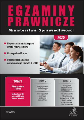 Egzaminy Prawnicze Ministerstwa Sprawiedliwości 2020. Tom 1. Akta cywilne i karne. Wydanie 10 Joanna Ablewicz, Stefan Jaworski, Tomasz Sadurski - okladka książki