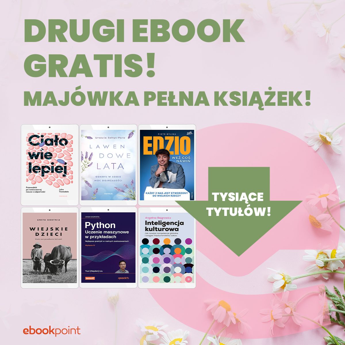 Grafika promocji - Majówka pełna książek - 1+1 na książki, audiobooki i ebooki!